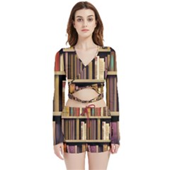 Books Bookshelves Office Fantasy Background Artwork Book Cover Apothecary Book Nook Literature Libra Velvet Wrap Crop Top And Shorts Set by Posterlux