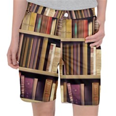 Books Bookshelves Office Fantasy Background Artwork Book Cover Apothecary Book Nook Literature Libra Women s Pocket Shorts