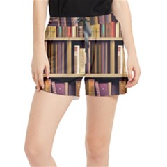 Books Bookshelves Office Fantasy Background Artwork Book Cover Apothecary Book Nook Literature Libra Women s Runner Shorts by Posterlux