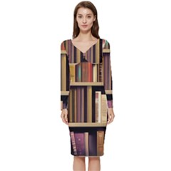 Books Bookshelves Office Fantasy Background Artwork Book Cover Apothecary Book Nook Literature Libra Long Sleeve V-Neck Bodycon Dress 