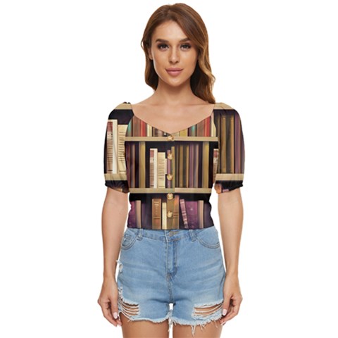 Books Bookshelves Office Fantasy Background Artwork Book Cover Apothecary Book Nook Literature Libra Button Up Blouse by Posterlux