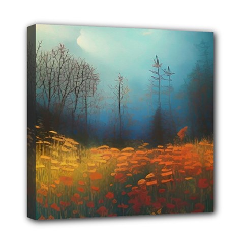 Wildflowers Field Outdoors Clouds Trees Cover Art Storm Mysterious Dream Landscape Mini Canvas 8  X 8  (stretched)