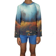 Wildflowers Field Outdoors Clouds Trees Cover Art Storm Mysterious Dream Landscape Kids  Long Sleeve Swimwear by Posterlux