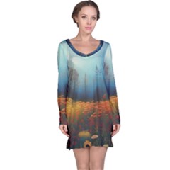 Wildflowers Field Outdoors Clouds Trees Cover Art Storm Mysterious Dream Landscape Long Sleeve Nightdress