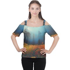 Wildflowers Field Outdoors Clouds Trees Cover Art Storm Mysterious Dream Landscape Cutout Shoulder T-shirt