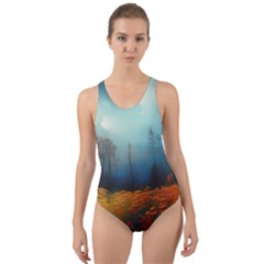 Wildflowers Field Outdoors Clouds Trees Cover Art Storm Mysterious Dream Landscape Cut-out Back One Piece Swimsuit by Posterlux