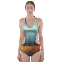 Wildflowers Field Outdoors Clouds Trees Cover Art Storm Mysterious Dream Landscape Cut-out One Piece Swimsuit by Posterlux