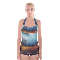 Wildflowers Field Outdoors Clouds Trees Cover Art Storm Mysterious Dream Landscape Boyleg Halter Swimsuit  by Posterlux