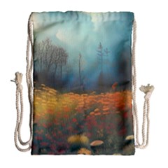 Wildflowers Field Outdoors Clouds Trees Cover Art Storm Mysterious Dream Landscape Drawstring Bag (large)