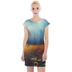 Wildflowers Field Outdoors Clouds Trees Cover Art Storm Mysterious Dream Landscape Cap Sleeve Bodycon Dress by Posterlux