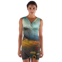 Wildflowers Field Outdoors Clouds Trees Cover Art Storm Mysterious Dream Landscape Wrap Front Bodycon Dress by Posterlux