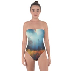 Wildflowers Field Outdoors Clouds Trees Cover Art Storm Mysterious Dream Landscape Tie Back One Piece Swimsuit by Posterlux