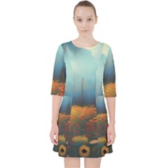 Wildflowers Field Outdoors Clouds Trees Cover Art Storm Mysterious Dream Landscape Quarter Sleeve Pocket Dress by Posterlux