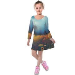 Wildflowers Field Outdoors Clouds Trees Cover Art Storm Mysterious Dream Landscape Kids  Long Sleeve Velvet Dress by Posterlux