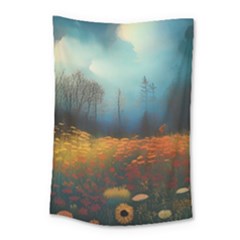 Wildflowers Field Outdoors Clouds Trees Cover Art Storm Mysterious Dream Landscape Small Tapestry by Posterlux