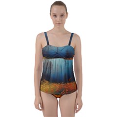 Wildflowers Field Outdoors Clouds Trees Cover Art Storm Mysterious Dream Landscape Twist Front Tankini Set