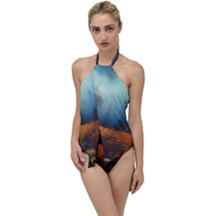 Wildflowers Field Outdoors Clouds Trees Cover Art Storm Mysterious Dream Landscape Go With The Flow One Piece Swimsuit by Posterlux