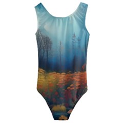 Wildflowers Field Outdoors Clouds Trees Cover Art Storm Mysterious Dream Landscape Kids  Cut-out Back One Piece Swimsuit by Posterlux