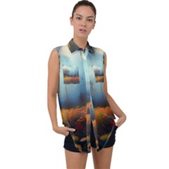 Wildflowers Field Outdoors Clouds Trees Cover Art Storm Mysterious Dream Landscape Sleeveless Chiffon Button Shirt