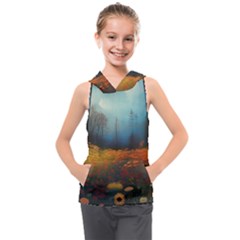 Wildflowers Field Outdoors Clouds Trees Cover Art Storm Mysterious Dream Landscape Kids  Sleeveless Hoodie by Posterlux