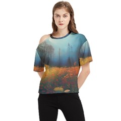 Wildflowers Field Outdoors Clouds Trees Cover Art Storm Mysterious Dream Landscape One Shoulder Cut Out T-shirt by Posterlux