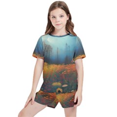 Wildflowers Field Outdoors Clouds Trees Cover Art Storm Mysterious Dream Landscape Kids  T-shirt And Sports Shorts Set by Posterlux