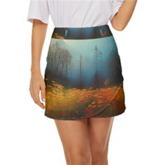 Wildflowers Field Outdoors Clouds Trees Cover Art Storm Mysterious Dream Landscape Mini Front Wrap Skirt by Posterlux