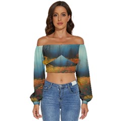 Wildflowers Field Outdoors Clouds Trees Cover Art Storm Mysterious Dream Landscape Long Sleeve Crinkled Weave Crop Top by Posterlux