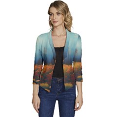 Wildflowers Field Outdoors Clouds Trees Cover Art Storm Mysterious Dream Landscape Women s Casual 3/4 Sleeve Spring Jacket by Posterlux