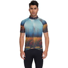 Wildflowers Field Outdoors Clouds Trees Cover Art Storm Mysterious Dream Landscape Men s Short Sleeve Cycling Jersey