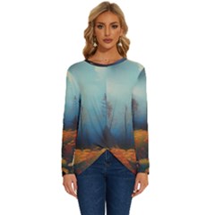 Wildflowers Field Outdoors Clouds Trees Cover Art Storm Mysterious Dream Landscape Long Sleeve Crew Neck Pullover Top by Posterlux