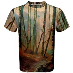 Woodland Woods Forest Trees Nature Outdoors Mist Moon Background Artwork Book Men s Cotton T-shirt by Posterlux