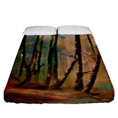 Woodland Woods Forest Trees Nature Outdoors Mist Moon Background Artwork Book Fitted Sheet (king Size)