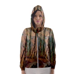 Woodland Woods Forest Trees Nature Outdoors Mist Moon Background Artwork Book Women s Hooded Windbreaker