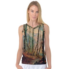 Woodland Woods Forest Trees Nature Outdoors Mist Moon Background Artwork Book Women s Basketball Tank Top