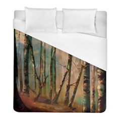 Woodland Woods Forest Trees Nature Outdoors Mist Moon Background Artwork Book Duvet Cover (full/ Double Size) by Posterlux