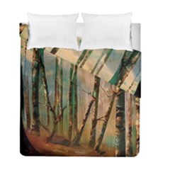 Woodland Woods Forest Trees Nature Outdoors Mist Moon Background Artwork Book Duvet Cover Double Side (full/ Double Size)