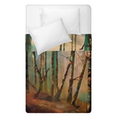 Woodland Woods Forest Trees Nature Outdoors Mist Moon Background Artwork Book Duvet Cover Double Side (single Size)