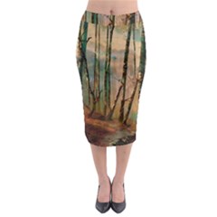 Woodland Woods Forest Trees Nature Outdoors Mist Moon Background Artwork Book Midi Pencil Skirt