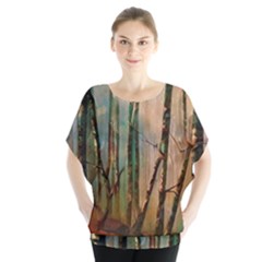 Woodland Woods Forest Trees Nature Outdoors Mist Moon Background Artwork Book Batwing Chiffon Blouse