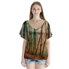 Woodland Woods Forest Trees Nature Outdoors Mist Moon Background Artwork Book V-neck Flutter Sleeve Top by Posterlux