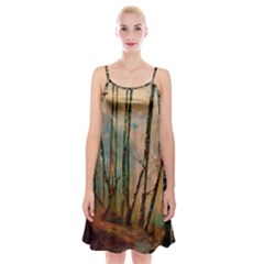 Woodland Woods Forest Trees Nature Outdoors Mist Moon Background Artwork Book Spaghetti Strap Velvet Dress