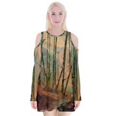 Woodland Woods Forest Trees Nature Outdoors Mist Moon Background Artwork Book Velvet Long Sleeve Shoulder Cutout Dress by Posterlux