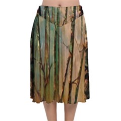 Woodland Woods Forest Trees Nature Outdoors Mist Moon Background Artwork Book Velvet Flared Midi Skirt