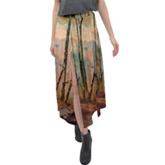 Woodland Woods Forest Trees Nature Outdoors Mist Moon Background Artwork Book Velour Split Maxi Skirt