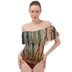 Woodland Woods Forest Trees Nature Outdoors Mist Moon Background Artwork Book Off Shoulder Velour Bodysuit  by Posterlux