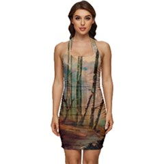 Woodland Woods Forest Trees Nature Outdoors Mist Moon Background Artwork Book Sleeveless Wide Square Neckline Ruched Bodycon Dress by Posterlux