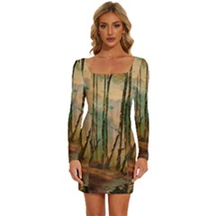 Woodland Woods Forest Trees Nature Outdoors Mist Moon Background Artwork Book Long Sleeve Square Neck Bodycon Velvet Dress by Posterlux