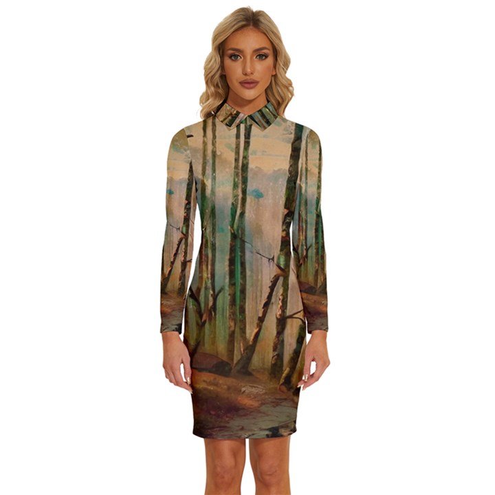 Woodland Woods Forest Trees Nature Outdoors Mist Moon Background Artwork Book Long Sleeve Shirt Collar Bodycon Dress