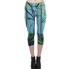 Nature Outdoors Night Trees Scene Forest Woods Light Moonlight Wilderness Stars Capri Leggings  by Posterlux